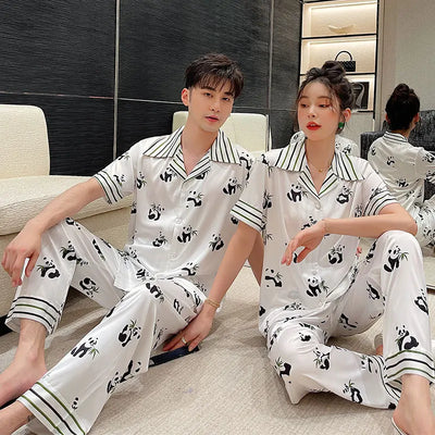 Summer Cartoon Panda Printed Satin Couple Pajamas