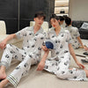 Summer Cartoon Panda Printed Satin Couple Pajamas