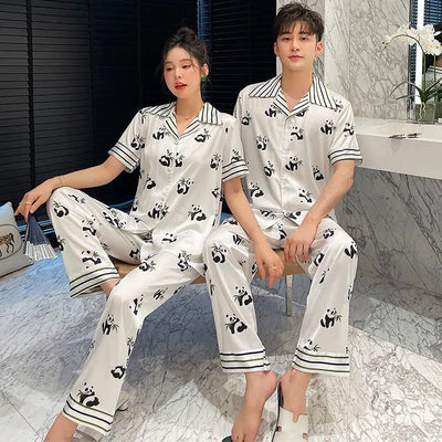 Summer Cartoon Panda Printed Satin Couple Pajamas